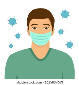 A man wearing medical mask for respiratory disease protection include bacteria, virus or dust particles. Flat design vector illustration on white background.