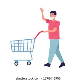 man wearing medical mask with shopping cart character vector illustration design