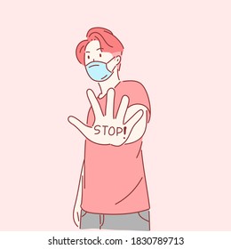 Man wearing medical mask and showing five fingers "Stop!" in hand. Prevent disease, flu, Virus, COVID-19 concept. Hand drawn flat character style.