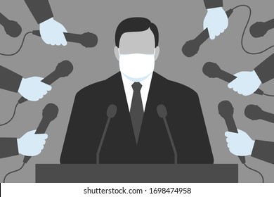 Man wearing medical mask is standing behind tribune, medical-gloved hands of reporters are holding microphones. Interview for the media during viral pandemic, using personal protective equipments