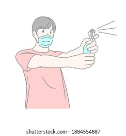 Man wearing medical mask and using alcohol spray to fight COVID-10 concept.