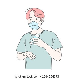 Man wearing medical mask and using alcohol gel to washing hand.