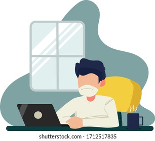 man wearing medical mask working from home with laptop, chair, mug and window. illustration concept