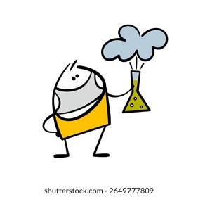 A man wearing a medical protective mask holds a test tube and conducts a scientific experiment. Vector illustration of a scientist in a chemistry class demonstrating an experiment with liquid and gas.
