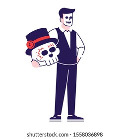 Man wearing Mexican day of dead costume flat vector illustrations set. Cartoon character with outline elements isolated on white background. Sugar scull face. Dia de los Muertos celebration