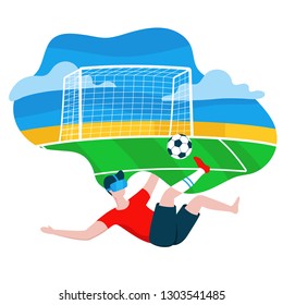 Man Wearing Modern 3d Glasses, Virtual Reality Concept, Boy Playing VR Game - Football. Vector Colorful Illustration In Cartoon Style In Flat Design Isolated On White. Football Pitch On Background.