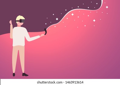 man wearing modern 3d glasses holding VR controller or joystick guy experiencing virtual reality through headset vision digital technology concept flat full length horizontal