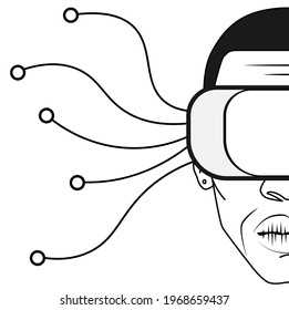Man wearing modern 3d glasses african american guy experiencing virtual reality through headset vision vr digital technology concept male black and white character.