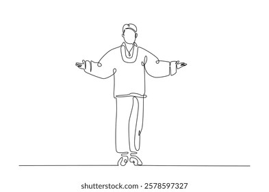 Man wearing modern hanbok in continuous one line drawing. Single line art draw of Korean Man jacket . Editable vector.