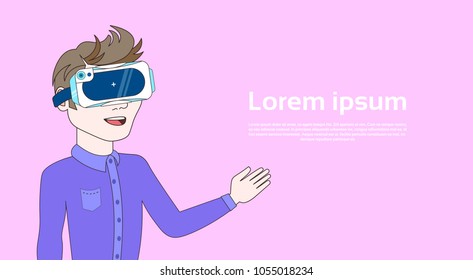 Man Wearing Modern Virtual Reality Glasses Over Copy Space Backgorund