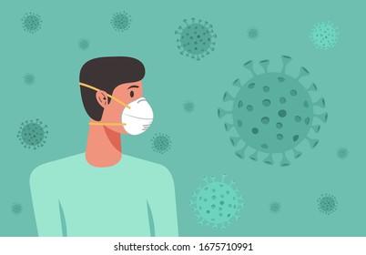 hombre con máscara n95 para proteger de la propagación de virus, prevención de la gripe, concepto de cuarentena del coronavirus, caricatura ilustración vectorial plana