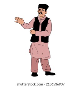 Man wearing the national dress of Pakistan. Shalwar kameez and Sherwani, muslim male front view portrait vector illustration