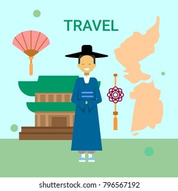 Man Wearing National Korean Dress Over South Korea Map And Temple Or Palace Building Background Vector Illustration