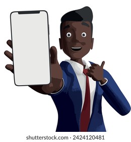 A man wearing a navy blue
jacket and black hair gives a thumbs up with one hand and holds a phone with the other. Mockup illustration vector cartoon illustration
