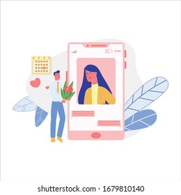Man, Wearing Necktie, Holding Bunch Red Tulips in Hands, Congratulating His Sweetheart, Using Video Chat Application in Smartphone. Easy to Be Close, If You Are Far Away. Calendar on Wall.