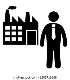 Man wearing necktie and standing with factory symbolizing factory owner 