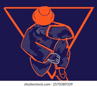 The man wearing the orange hat poses sitting coolly