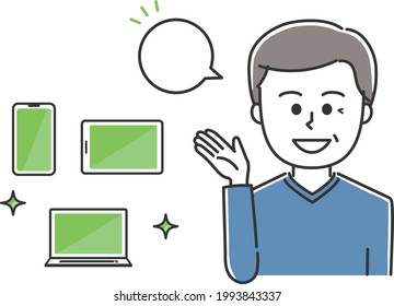 Man wearing ordinary clothes explaining handheld devices. Vector illustration isolated on white background.