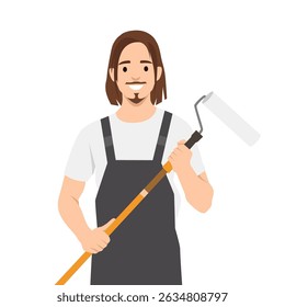 Man wearing overalls and a white shirt holds paint roller with a cheerful expression, Painting work. Flat vector illustration isolated on white background