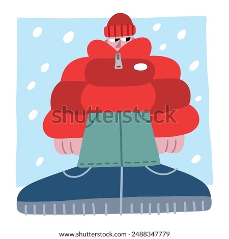 a man wearing padded jacket with snow background flat design character illustration