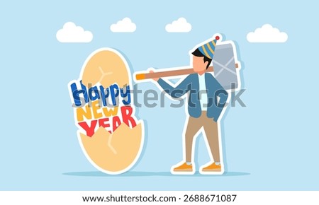 Man wearing party hat holding a big hammer near an egg with Happy New Year text illustration of appreciation for New Year celebration