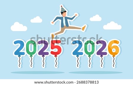 Man wearing a party hat jumping from balloon number 2025 to balloon number 2026 illustration of appreciation for the 2026 New Year celebration