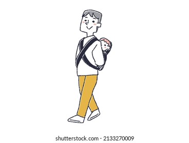 A man wearing a piggyback strap on a child, a comical handwritten person, a vector, and simple coloring of line drawings.