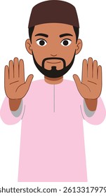A man wearing a pink garment stands with open hands, expressing a welcoming gesture, surrounded by a serene atmosphere that promotes peace and understanding.