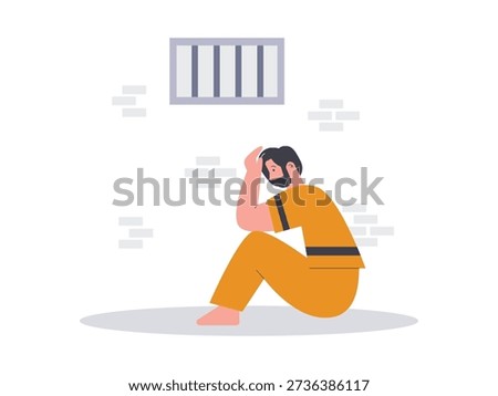 A man wearing a prison uniform in prison sits in contemplation and regret. Character design. Vector flat illustration.