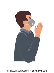 Man wearing a protection mask and praying for defeating coronavirus. Religion and Covid-19 dangerous virus in 2020, vector illustration.