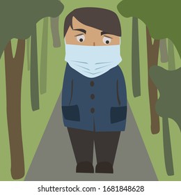 Man wearing protection medical face mask and walking in public park street. Protection from 2019-nCoV, COVID-19, SARS-CoV-2, coronavirus, virus, flu, disease, air pollution. Vector illustration