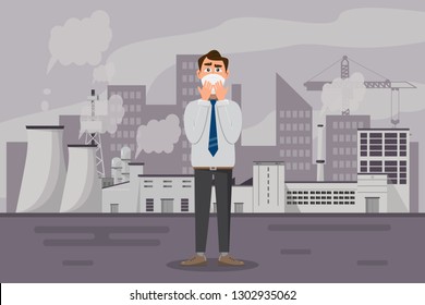 Man wearing protective face mask against PM 2.5 fine dust, smog, smoke and air pollution, Vector illustration cartoon character design