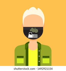 man wearing protective face mask with plant pipe dirty waste nature atmosphere pollution concept guy profile avatar male cartoon character portrait flat