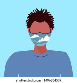 man wearing protective face mask with clouds icon smog air pollution virus protection ecology concept african american guy profile avatar male cartoon character portrait flat