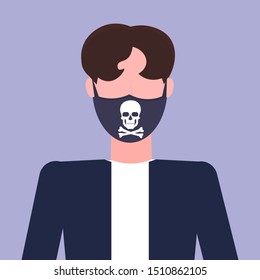 man wearing protective face mask with skull and bones icon smog air pollution virus protection ecology concept guy profile avatar male cartoon character portrait flat
