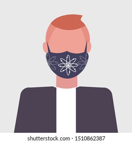 man wearing protective face mask with atom icon smog air pollution virus protection ecology concept guy profile avatar male cartoon character portrait flat