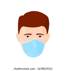 Man Wearing Protective Face Mask in Covid 19 Coronavirus Outbreak Pandemic - Vector Icon illustration.