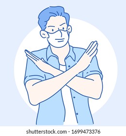 A Man Wearing Protective Face Mask, He With Crossed Arms Gesture Which Is A Symbol Representing Rejection. Infection Control Concept. Hand Drawn In Thin Line Style, Vector Illustrations.