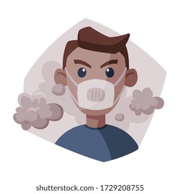 Man Wearing Protective Face Mask, People Suffering from Fine Dust and Industrial Smog, Ecological Problems, Air Pollution Vector Illustration