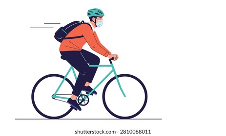 Man wearing a protective face mask and helmet riding a bicycle quickly on his way to work in an urban environment.