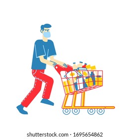 Man Wearing Protective Facial Mask Pushing Shopping Cart Full of Different Goods for Doomsday. Panic in Supermarket, Pandemic Chaos, Male Character Prepare for Apocalypse. Linear Vector Illustration