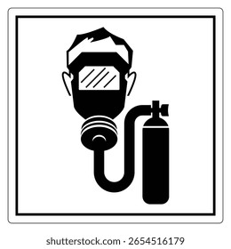 Man Wearing Protective Gas Mask with Oxygen Tank in Black and White