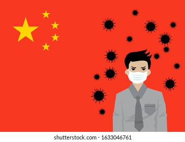 A man is wearing a protective mask to avoiding CORONA virus, the large family of viruses. The background is China flag, there’re some viruses icon floating around him.