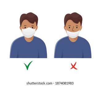 Hombre con máscara protectora de manera equivocada y correcta. Ilustración de caracteres coloreados aislados de vectores en estilo plano.