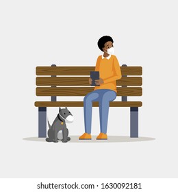 Man wearing protective mask flat color illustration. African american guy with dog in respirators sitting on park bench isolated cartoon character. Air pollution problem, protection against smog