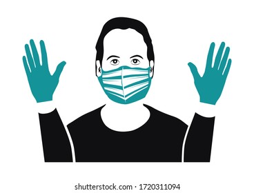 A man wearing a protective mask and gloves. The concept of virus protection. Vector.