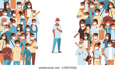 man wearing protective mask keeping distance from people crowd to prevent coronavirus pandemic covid-19 quarantine social distancing concept horizontal vector illustration