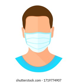 Man wearing protective mask on face. Flu epidemic, dust allergy, protection against virus. Flat cartoon style vector illustration icon isolated on white background.