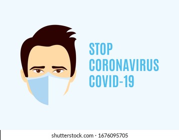 Man wearing protective mask to prevent epidemic Coronavirus vector. Stop Coronavirus disease COVID-2019 vector. Flu respirator vector. Man with medical mask. Respiratory disease vector