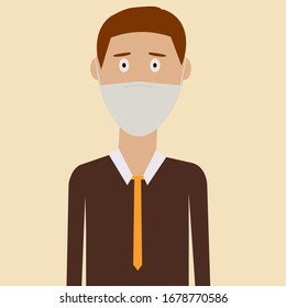 Man wearing protective Medical mask for prevent virus Wuhan Covid-19. Healthy man in medical protection mask. Vector illustration, flat design, cartoon style. Isolated background.